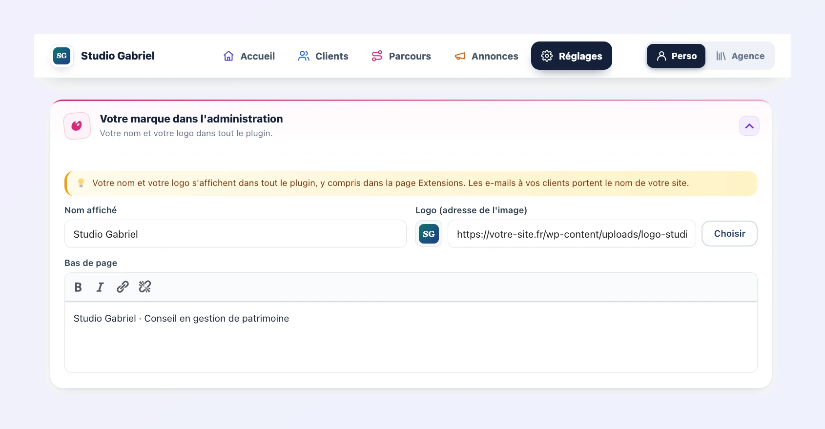 Réglage « Votre marque dans l’administration » de Client Vault 20.37 : nom Studio Gabriel, logo et bas de page avec son petit éditeur