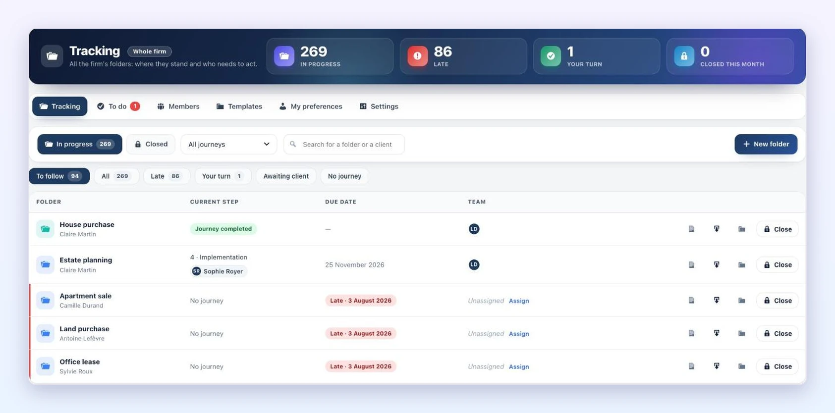 Team mode Tracking screen in Client Vault 20.42: folders in progress, late, your turn, with the current step, due date and team of each folder
