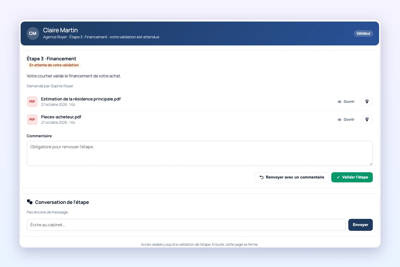 Écran du valideur dans Client Vault 20.42 : étape Financement en attente de validation, documents à ouvrir, boutons Renvoyer avec un commentaire et Valider l’étape