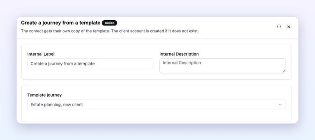 FluentCRM action “Create a journey from a template”, with the choice of the template journey