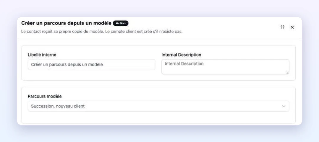 Action FluentCRM Créer un parcours depuis un modèle, avec le choix du parcours modèle