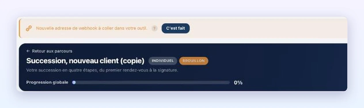 Bandeau Nouvelle adresse de webhook sur un parcours copié dans Client Vault 20.43
