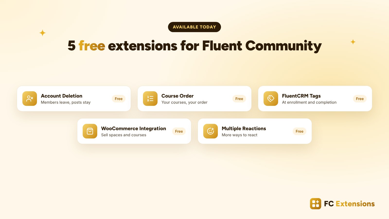 The first five free FC Extensions: Account Deletion, Course Order, FluentCRM Tags, WooCommerce Integration and Multiple Reactions.