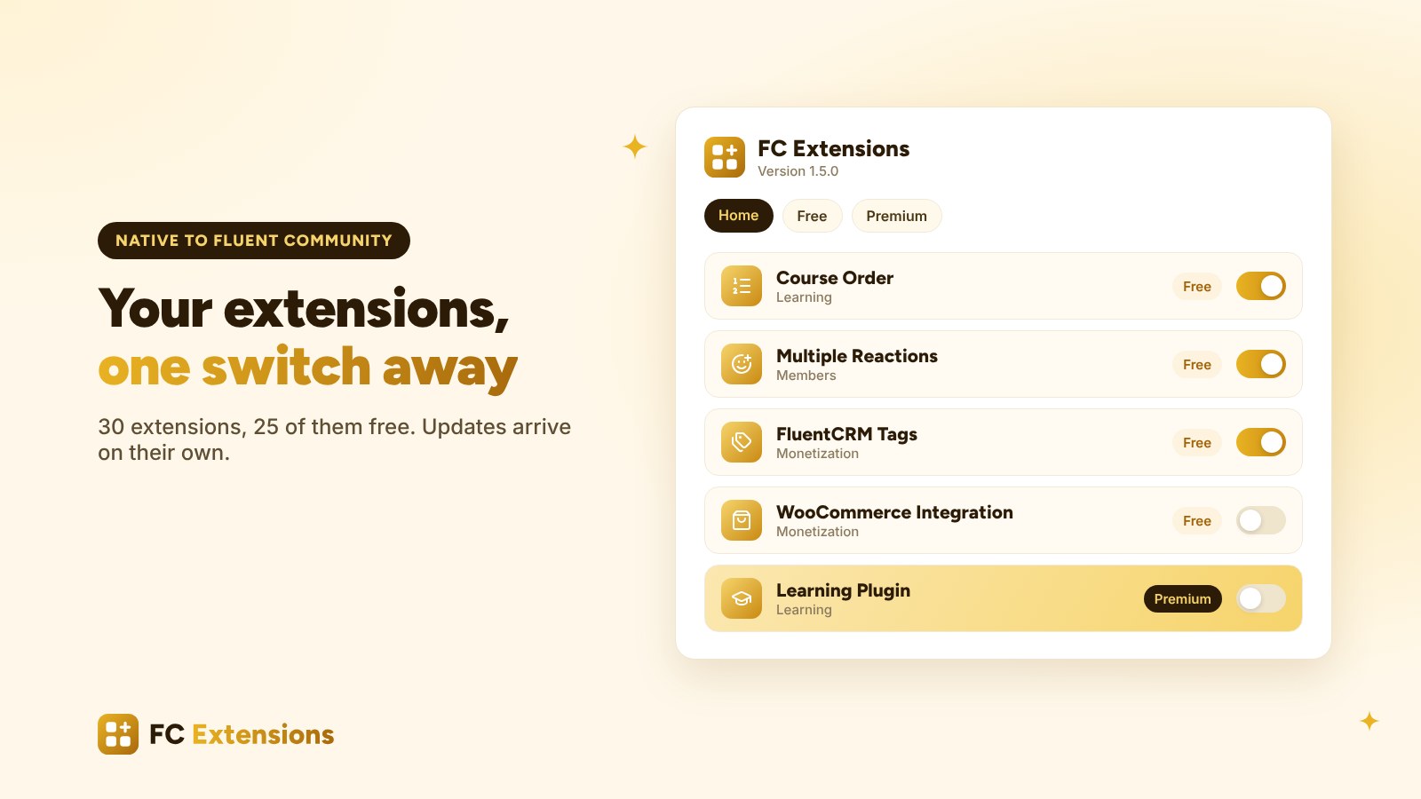 The FC Extensions screen in WordPress: the list of extensions with their switches, Course Order, Multiple Reactions and FluentCRM Tags turned on, the Learning Plugin as premium.