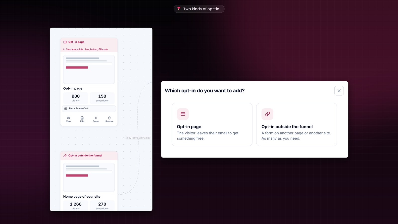 The Which opt-in do you want to add? window in FunnelCart: opt-in page or opt-in outside the funnel