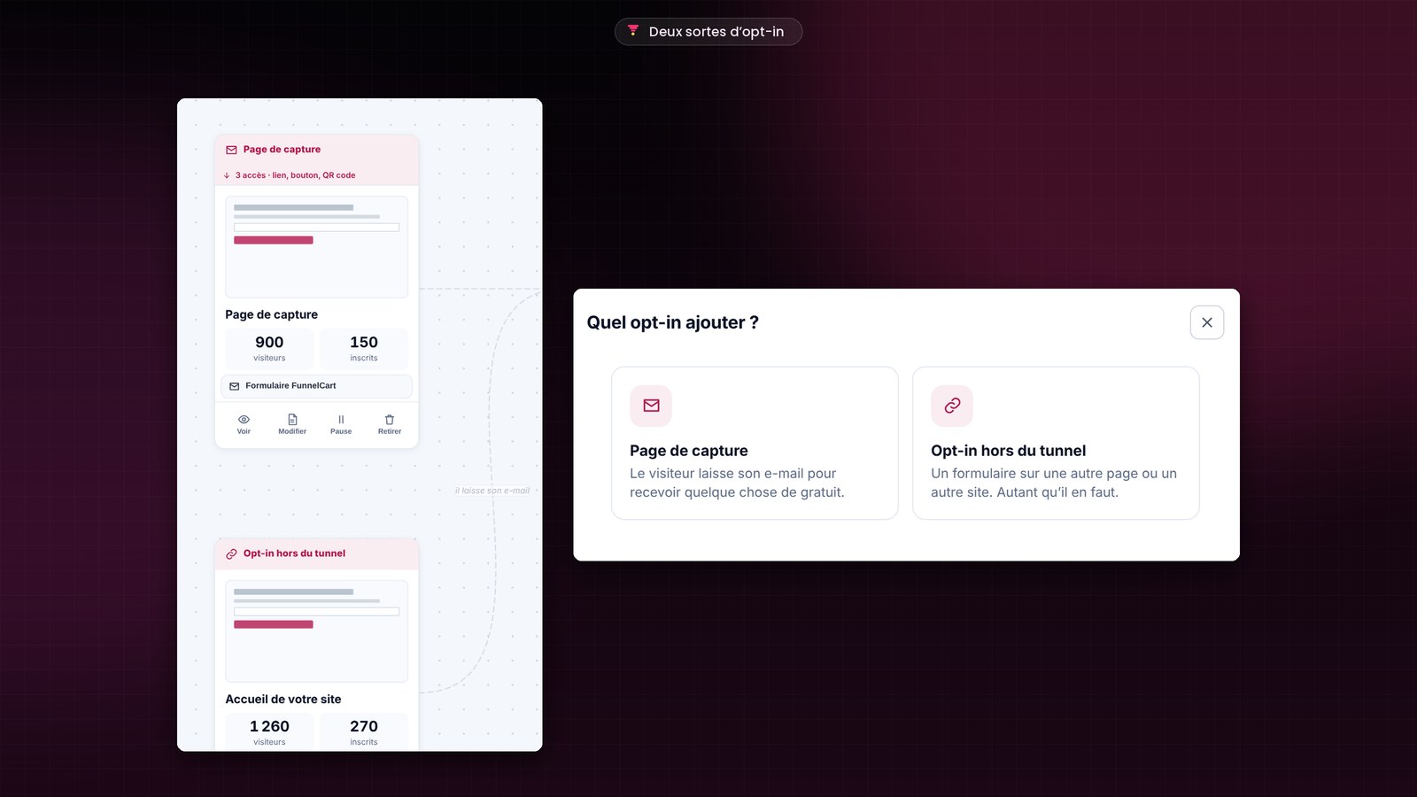 La fenêtre Quel opt-in ajouter ? de FunnelCart : page de capture ou opt-in hors du tunnel