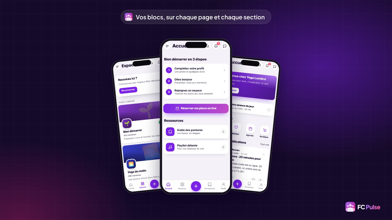 Trois téléphones avec l’app FC Pulse d’une communauté de yoga fictive : les espaces avec une bannière, une page « Bien démarrer en 3 étapes » et la page d’accueil faite de blocs.