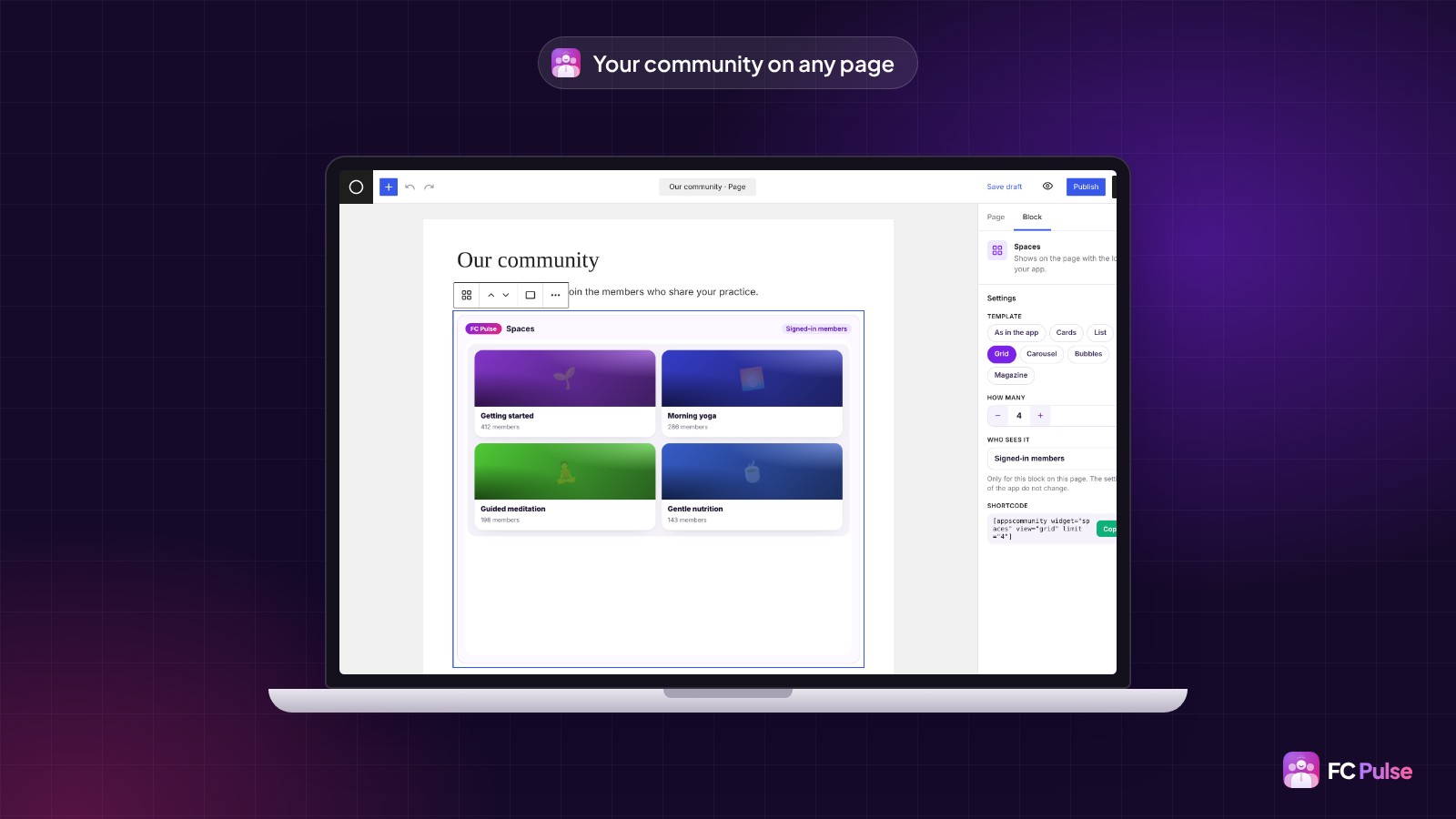 The WordPress block editor with the FC Pulse Spaces block showing the spaces of a fictional yoga community, and its settings.