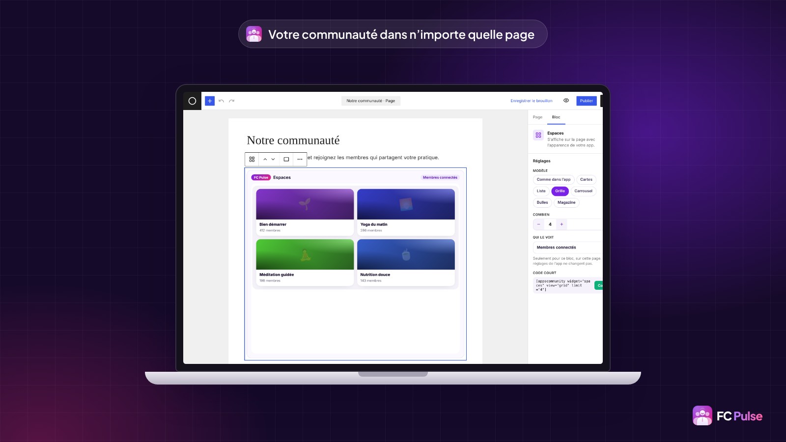 L’éditeur de blocs de WordPress avec le bloc FC Pulse Espaces qui affiche les espaces d’une communauté de yoga fictive, et ses réglages.