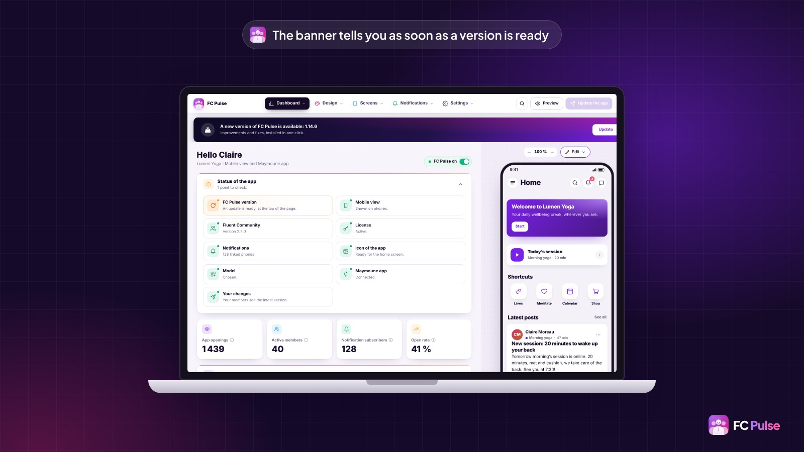 The FC Pulse editor in WordPress with the banner “A new version of FC Pulse is available: 1.14.6” and its “Update” button.