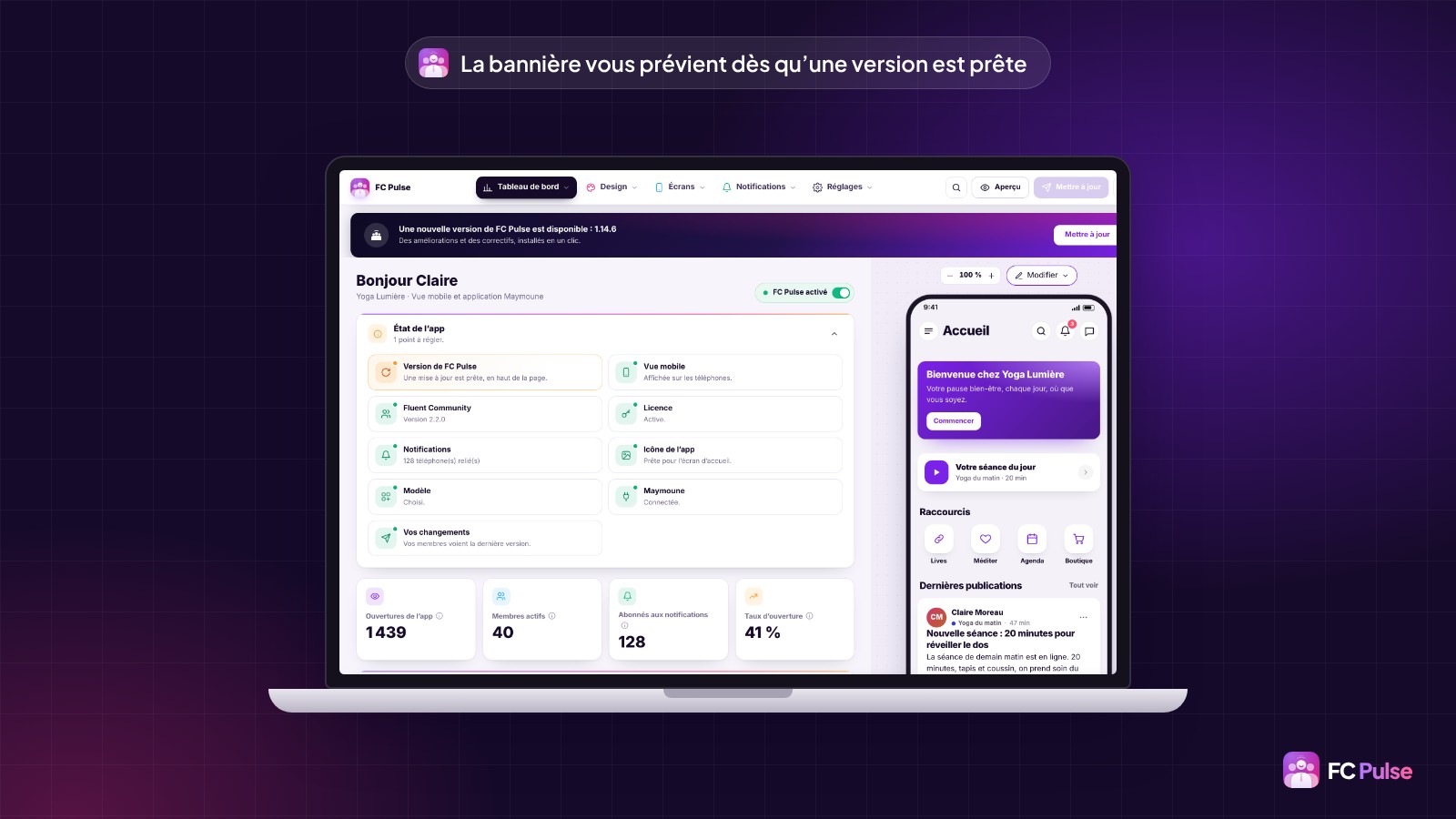 L’éditeur FC Pulse dans WordPress avec la bannière « Une nouvelle version de FC Pulse est disponible : 1.14.6 » et son bouton « Mettre à jour ».