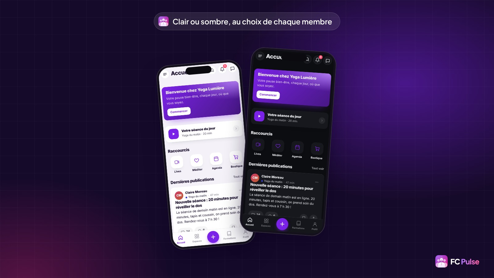 Deux téléphones avec la même page d’accueil d’une communauté de yoga fictive dans FC Pulse, en mode clair et en mode sombre.