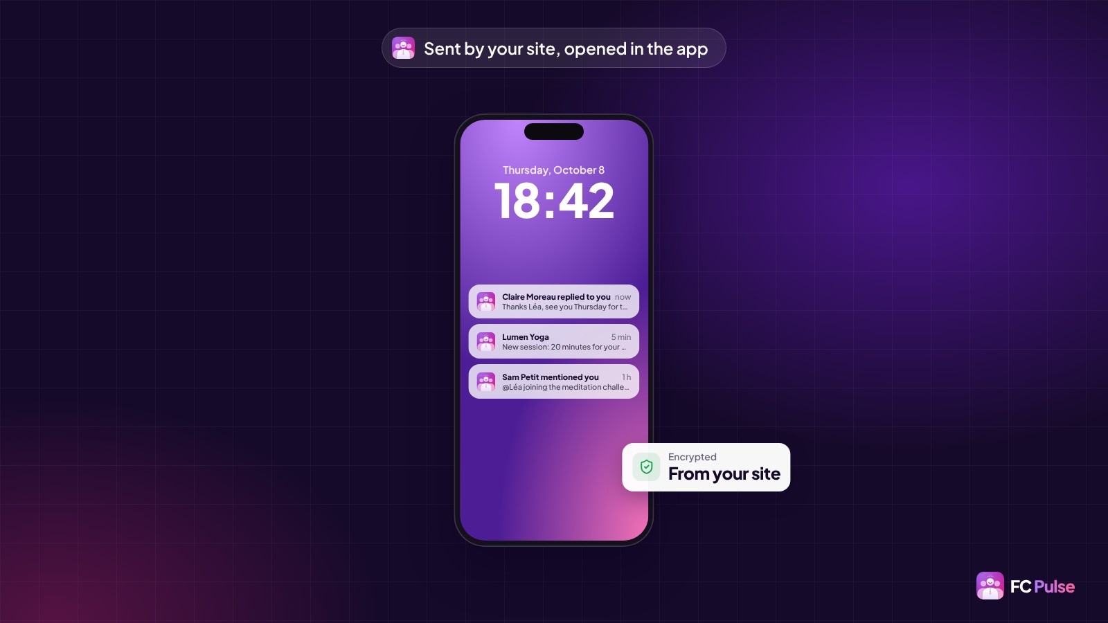 The lock screen of a phone with three notifications from a fictional yoga community, next to an “Encrypted, from your site” card.