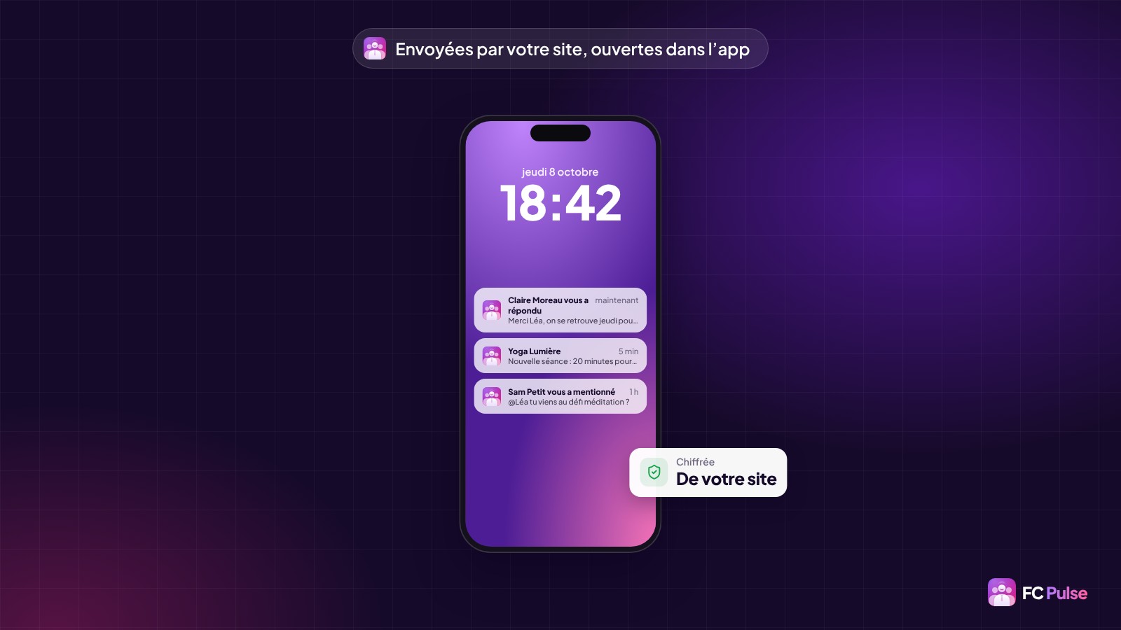 L’écran verrouillé d’un téléphone avec trois notifications d’une communauté de yoga fictive, à côté d’une carte « Chiffrée, de votre site ».
