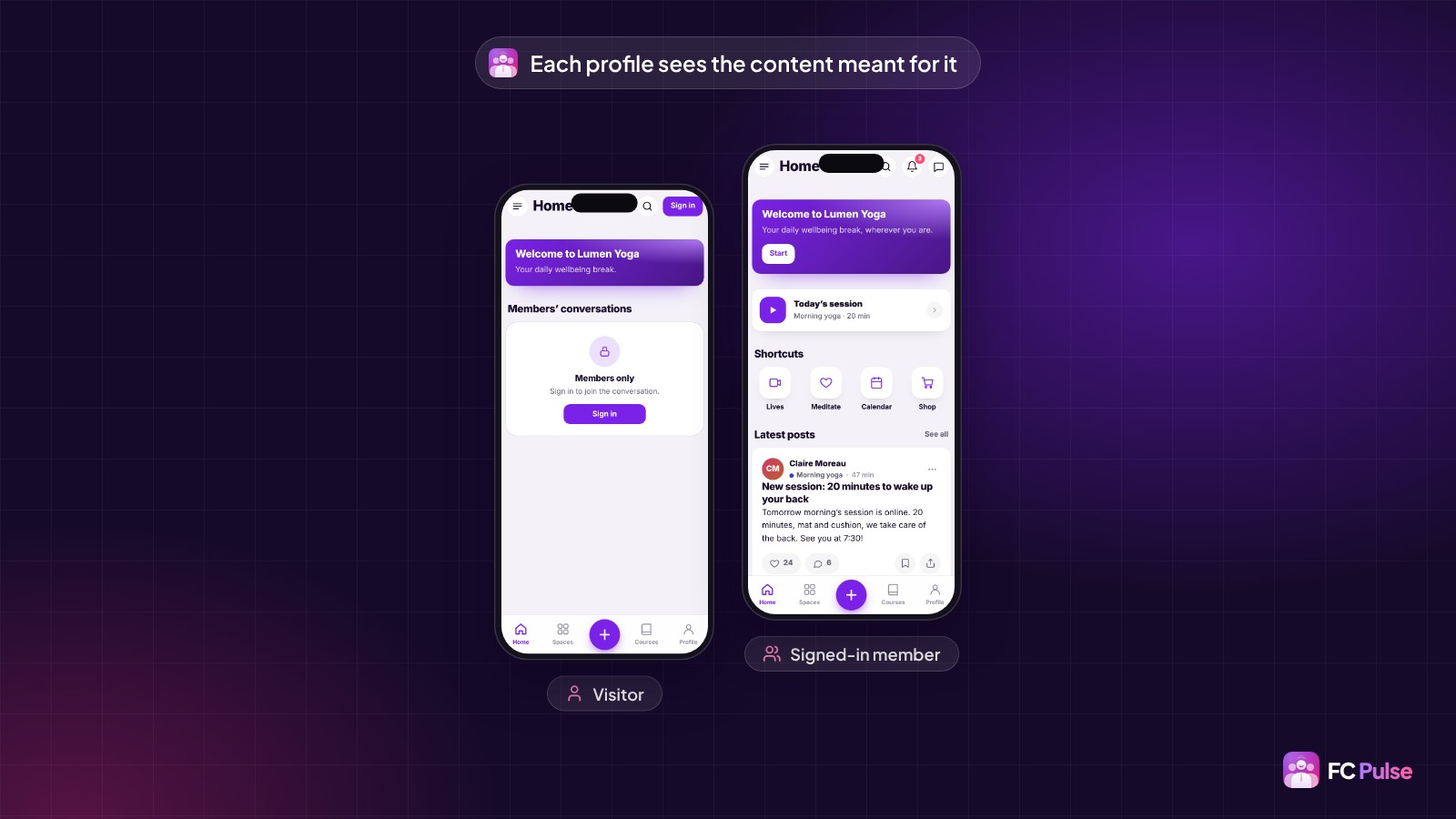 Two phones with the same app of a fictional yoga community: a visitor sees a “Members only” message, a signed-in member sees the whole page.