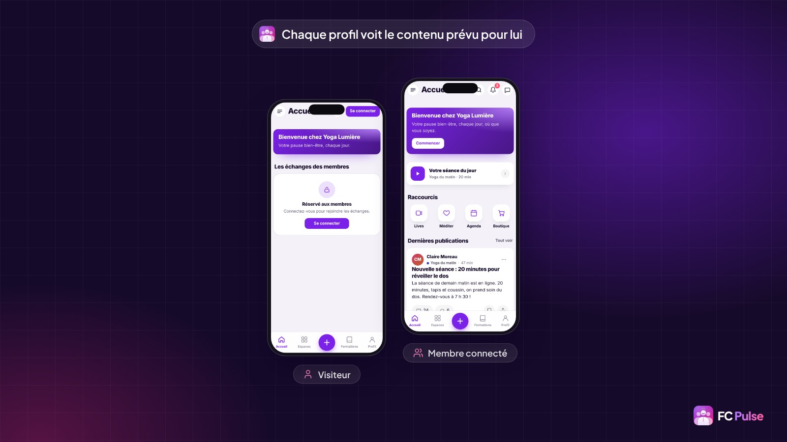 Deux téléphones avec la même app d’une communauté de yoga fictive : un visiteur voit un message « Réservé aux membres », un membre connecté voit toute la page.