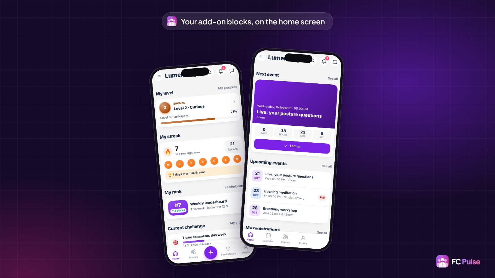 Two phones with the home screen of a fictional yoga community app: the Gamification blocks My level, My streak and My rank, and the Next event block with its “I’m going” button and Upcoming events.