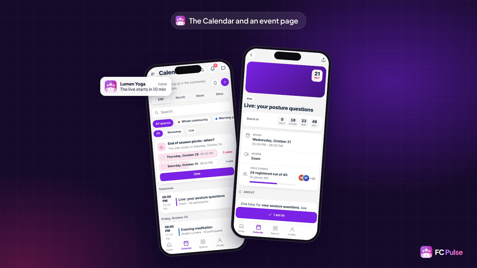 Two phones with the FC Pulse app of a fictional yoga community: the Calendar in month view with its events, and the page of the event “Live: your posture questions” with its countdown, date, number of attendees and the “I’m going” button.