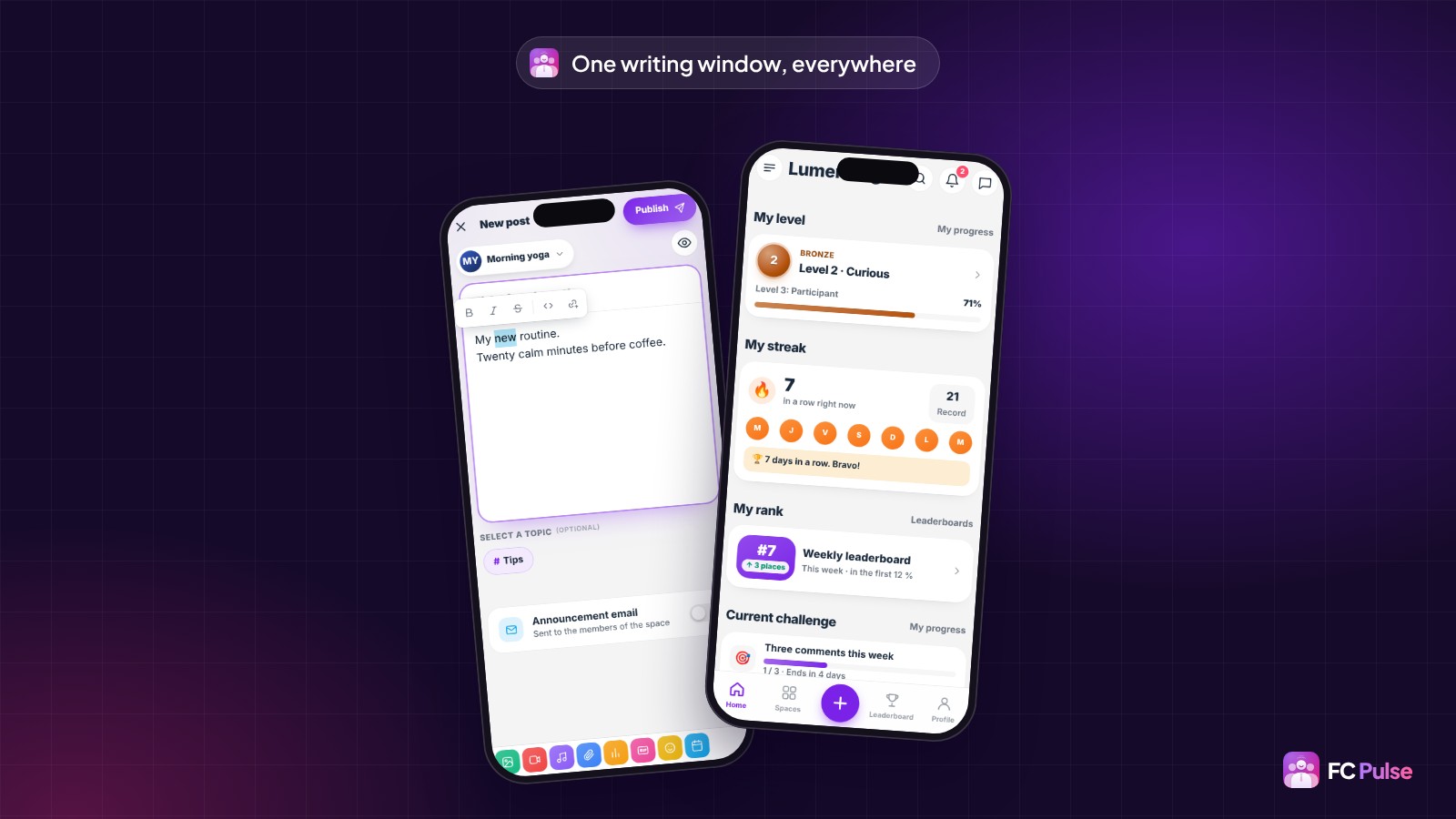Two phones with the FC Pulse app of a fictional yoga community: the writing window with a selected word and the formatting bar Bold, Italic, Strikethrough, Code and Link, next to the activity feed.