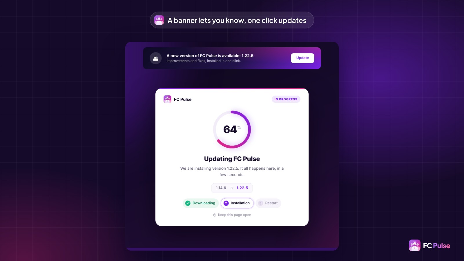 The banner “A new version of FC Pulse is available: 1.22.5” with its “Update” button, above the FC Pulse update screen: a ring at 64%, the move from version 1.14.6 to 1.22.5 and the Download, Installation and Restart steps.