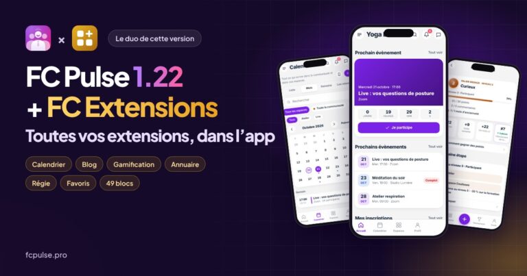 Image à la une : les logos de FC Pulse et de FC Extensions côte à côte, le titre « FC Pulse 1.22 + FC Extensions : toutes vos extensions, dans l’app », les étiquettes Calendrier, Blog, Gamification, Annuaire, Régie, Favoris et plus de 50 blocs, et trois téléphones montrant l’app d’une communauté de yoga fictive : le Calendrier, l’accueil avec le prochain évènement et Ma progression.