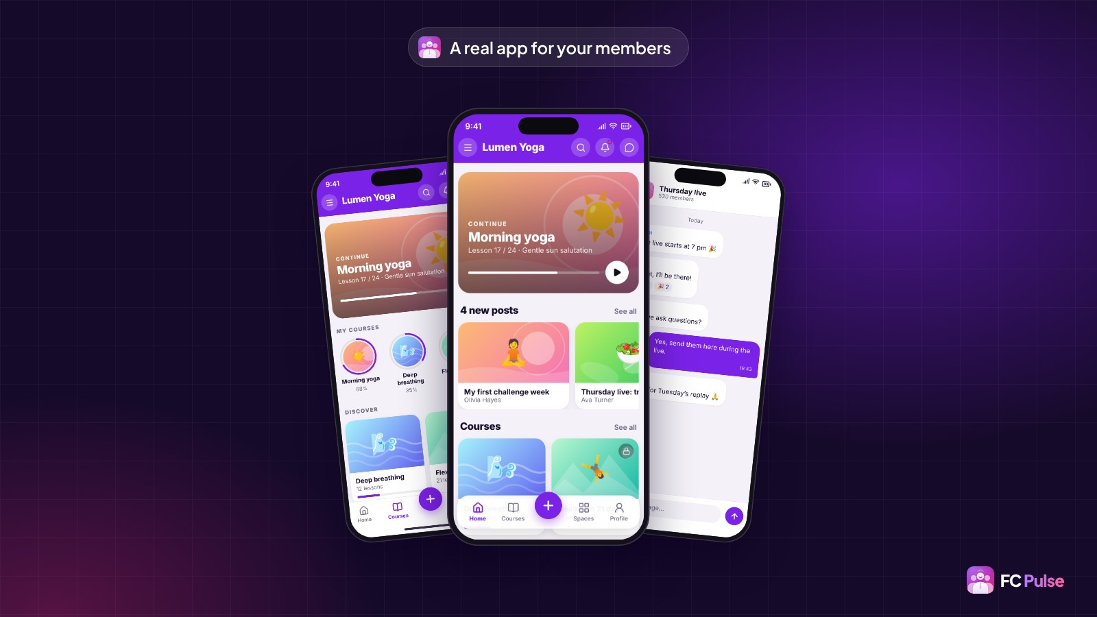Three phones showing the FC Pulse app of a fictional yoga community: the home screen with the current course and new posts, the courses page with each member’s progress, and a space chat.