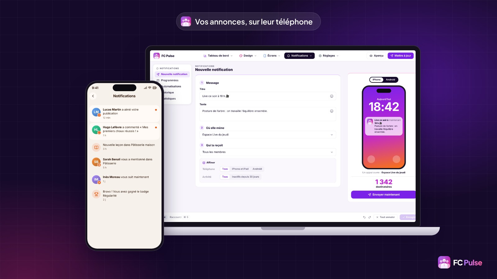 L’écran Nouvelle notification de FC Pulse dans WordPress, avec le titre, le texte, la destination et les destinataires, l’aperçu sur l’écran verrouillé d’un iPhone, et à côté le centre de notifications de l’app sur un téléphone.