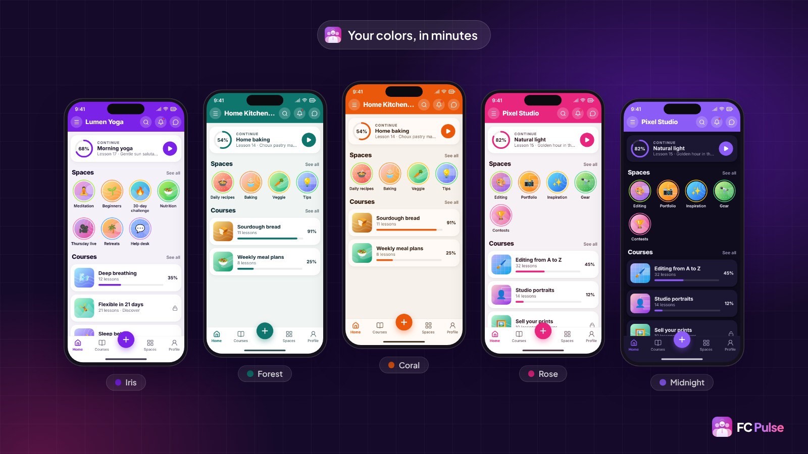 Five phones showing the same FC Pulse home screen with five color themes: Iris, Forest, Coral, Rose and Midnight, for fictional yoga, cooking and photo communities.