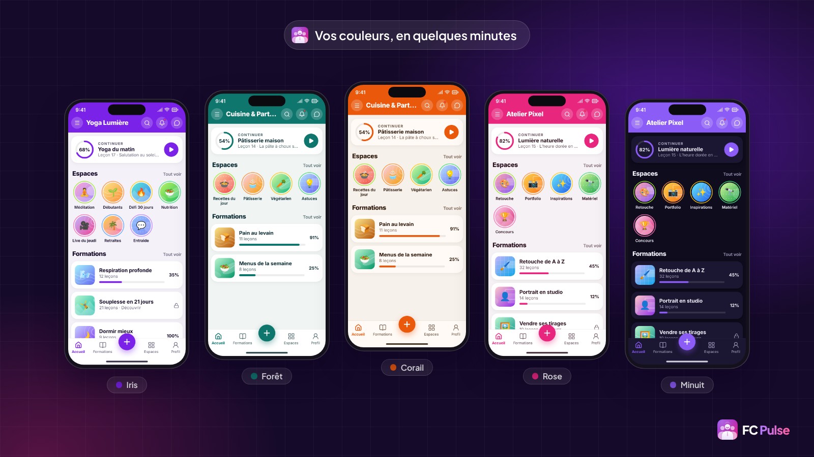Cinq téléphones montrant le même écran d’accueil FC Pulse avec cinq thèmes de couleurs : Iris, Forêt, Corail, Rose et Minuit, pour des communautés fictives de yoga, de cuisine et de photo.