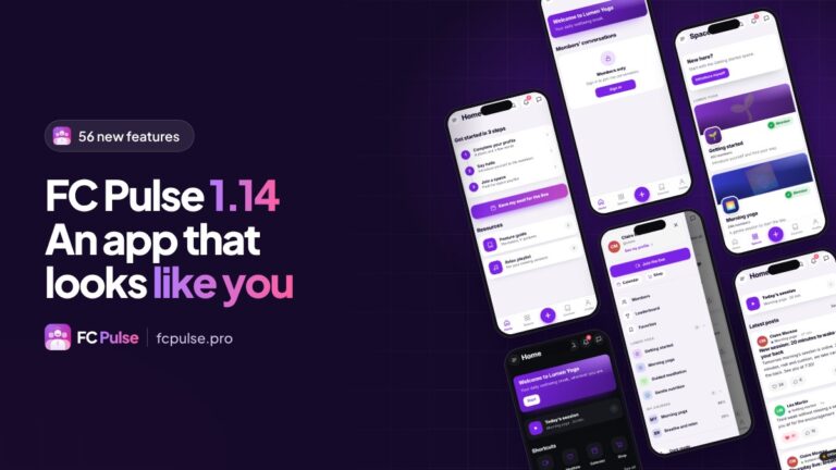 Featured image: “FC Pulse 1.14, an app that looks like you”, with tilted phones showing the app of a fictional yoga community.