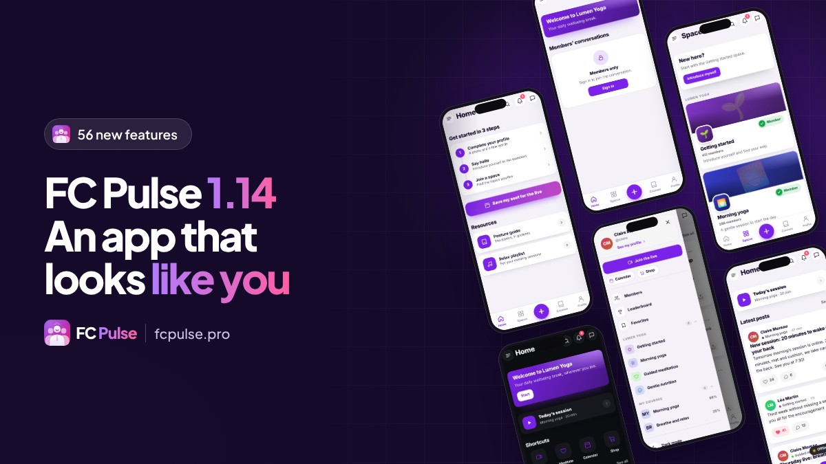 Featured image: “FC Pulse 1.14, an app that looks like you”, with tilted phones showing the app of a fictional yoga community.