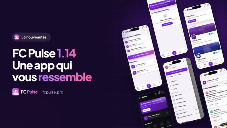 Image à la une : « FC Pulse 1.14, une app qui vous ressemble », avec des téléphones inclinés montrant l’app d’une communauté de yoga fictive.