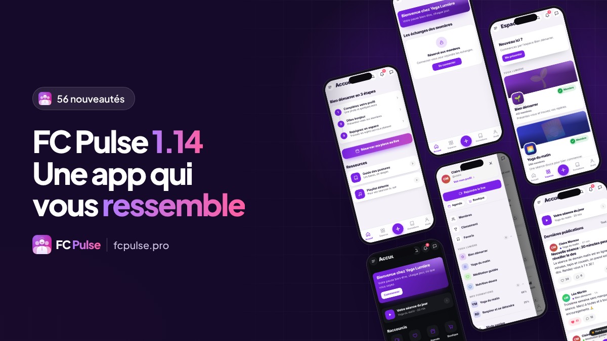 Image à la une : « FC Pulse 1.14, une app qui vous ressemble », avec des téléphones inclinés montrant l’app d’une communauté de yoga fictive.