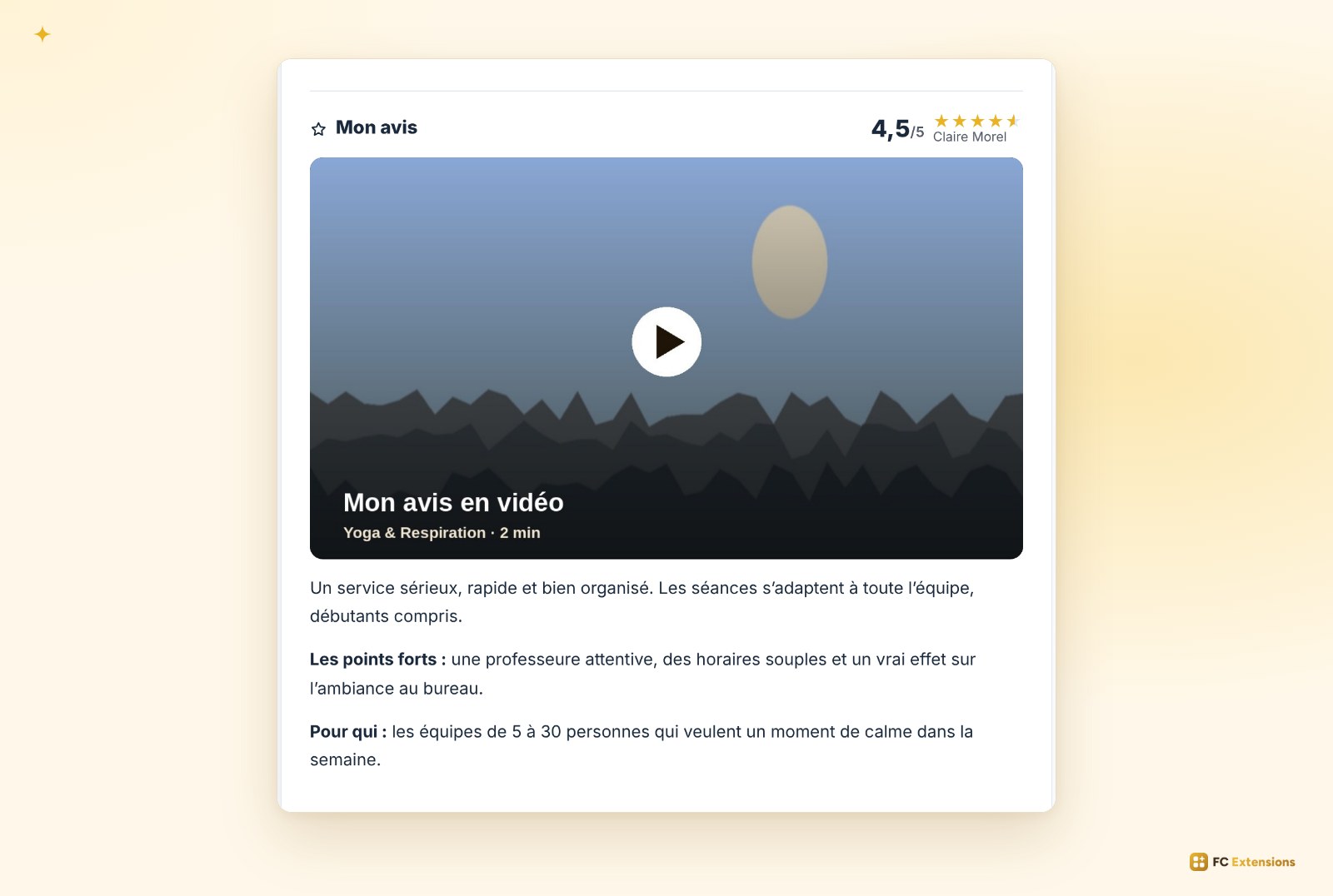 Une fiche avec « Mon avis » : la note de 4,5 sur 5, l’avis en vidéo et le texte.