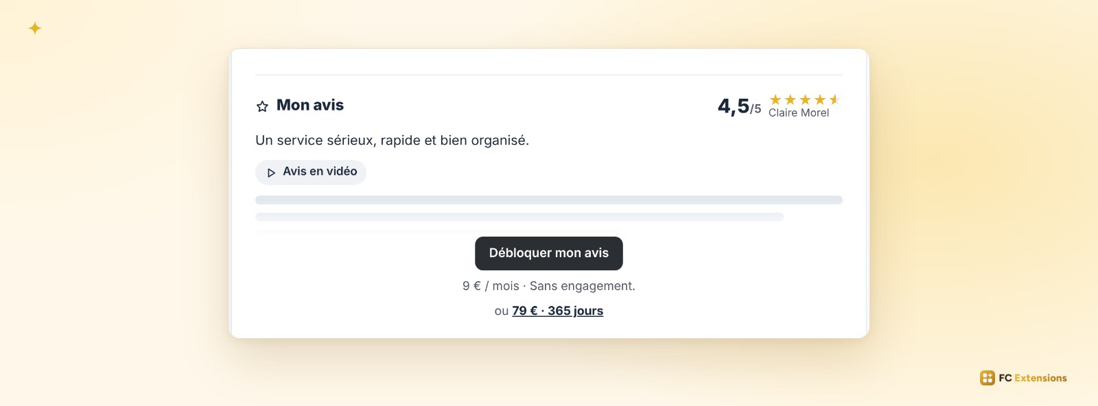 La première phrase de l’avis visible par tous, puis le bouton « Débloquer mon avis ».