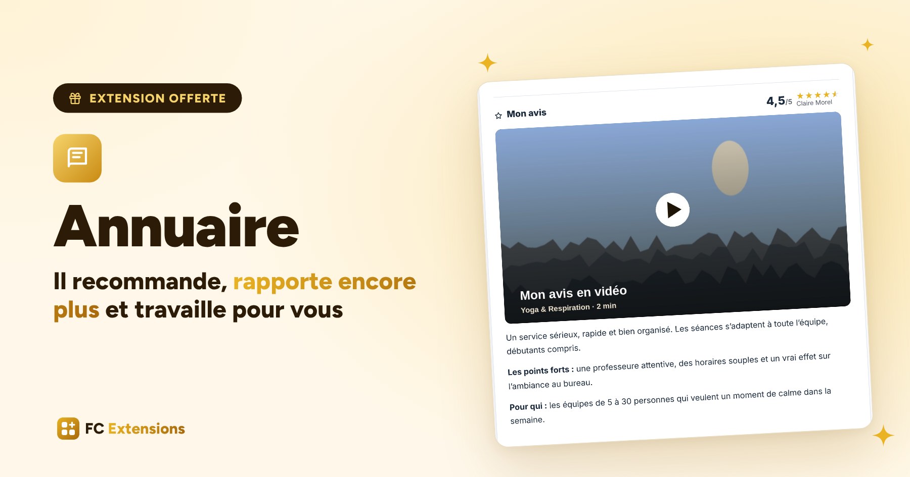 Image à la une : « Annuaire. Il recommande, rapporte encore plus et travaille pour vous », avec une fiche et son avis en vidéo.