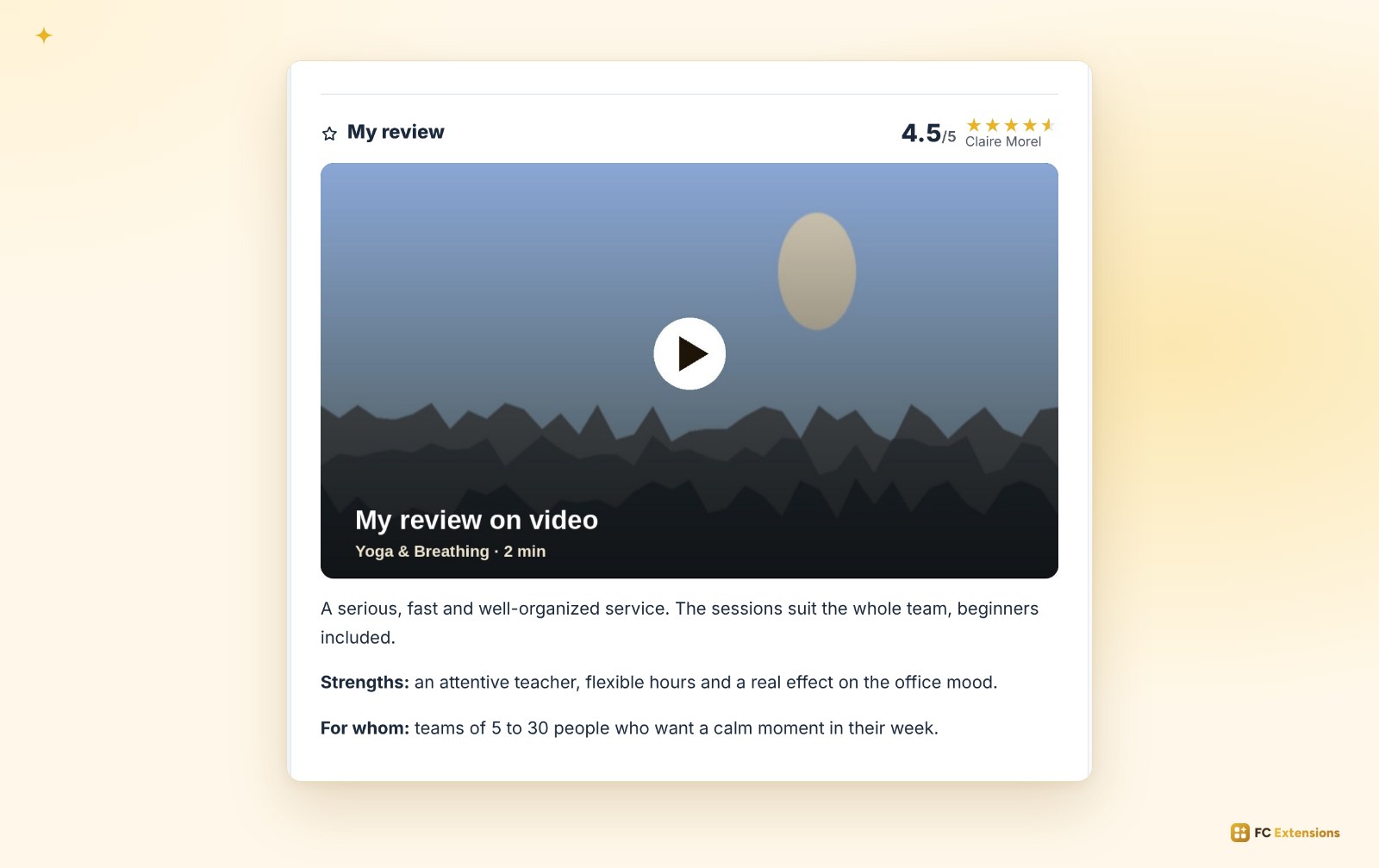 A listing with “My review”: a 4.5 out of 5 rating, the video review and the text.