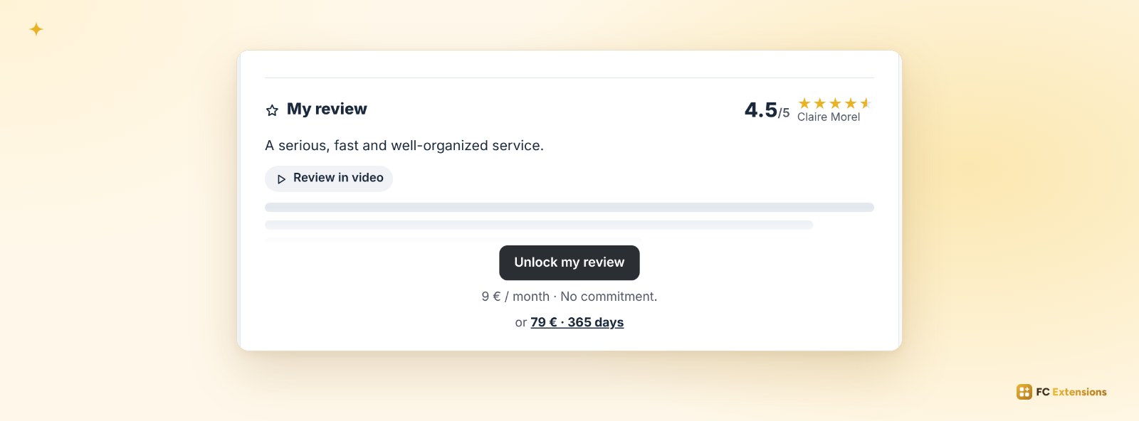 The first sentence of the review visible to all, then the “Unlock my review” button.