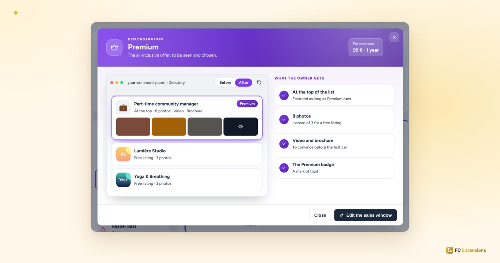 The demo of the Premium offer: the directory before and after, and what the listing owner gets.