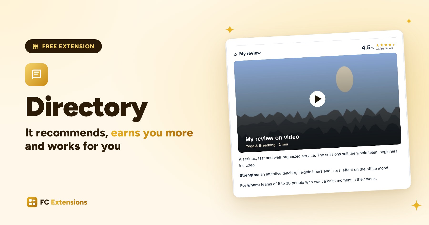 Featured image: “Directory. It recommends, earns you more and works for you”, with a listing and its video review.