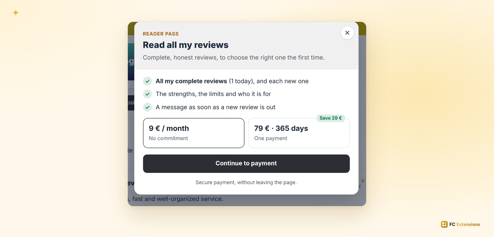 The Reader pass sales window, with its two plans and payment inside the window.