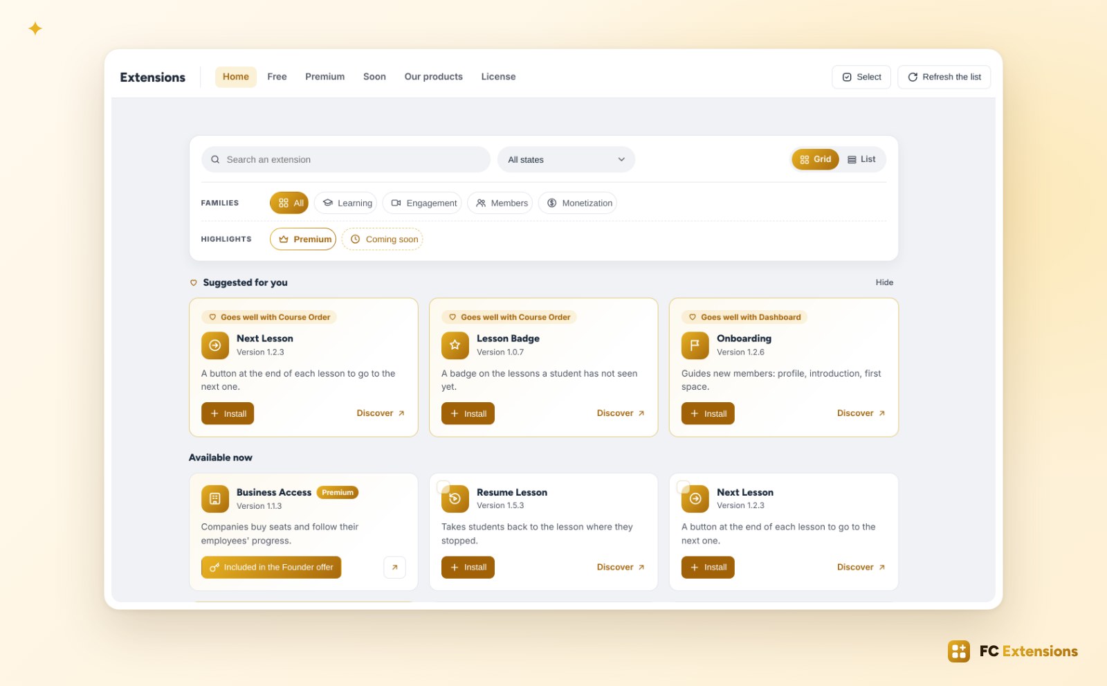 The list of extensions in FC Extensions 1.6: the search, the Learning, Engagement, Members and Monetization families, and the suggested extensions.