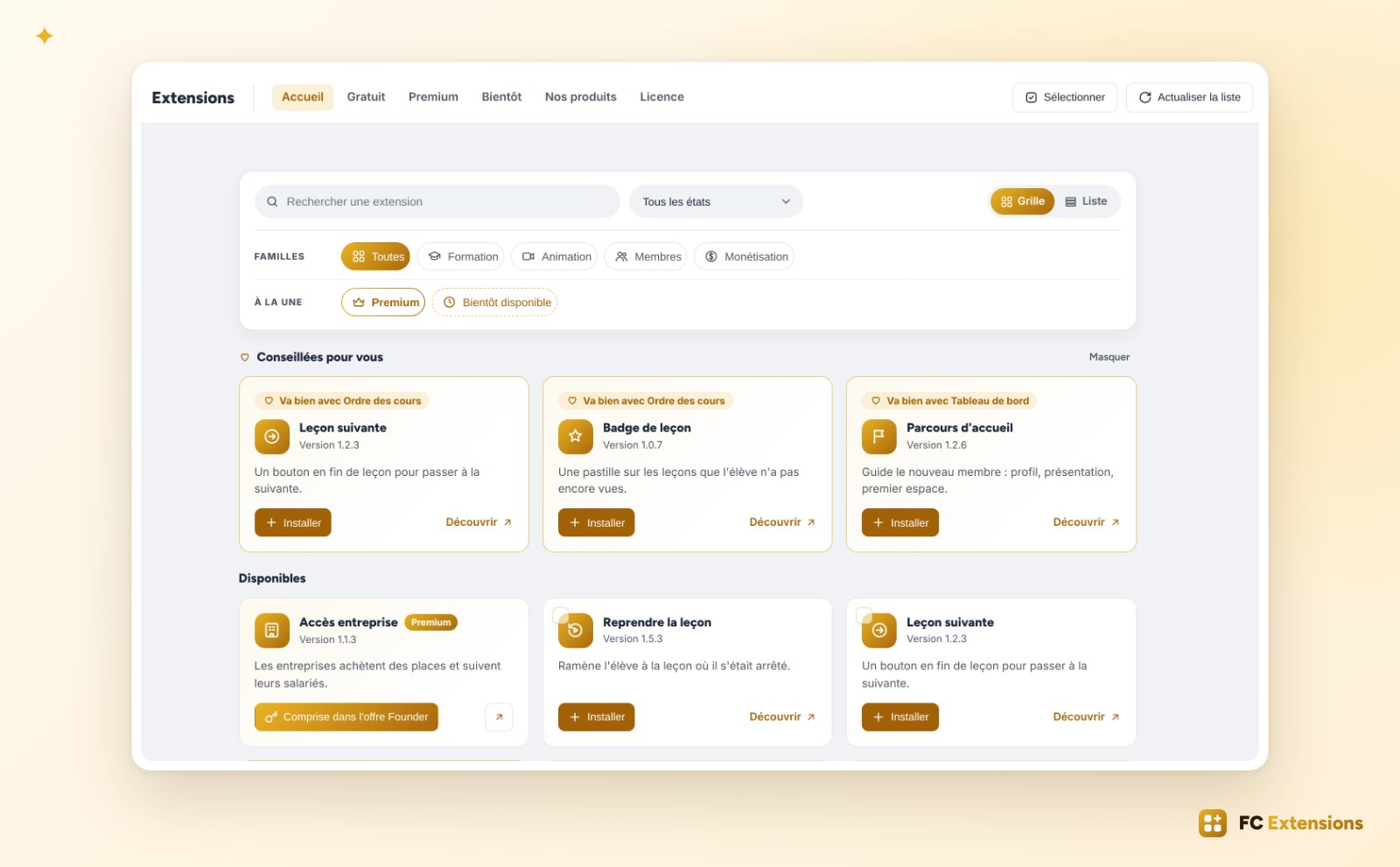 La liste des extensions dans FC Extensions 1.6 : la recherche, les familles Formation, Animation, Membres et Monétisation, et les extensions conseillées.