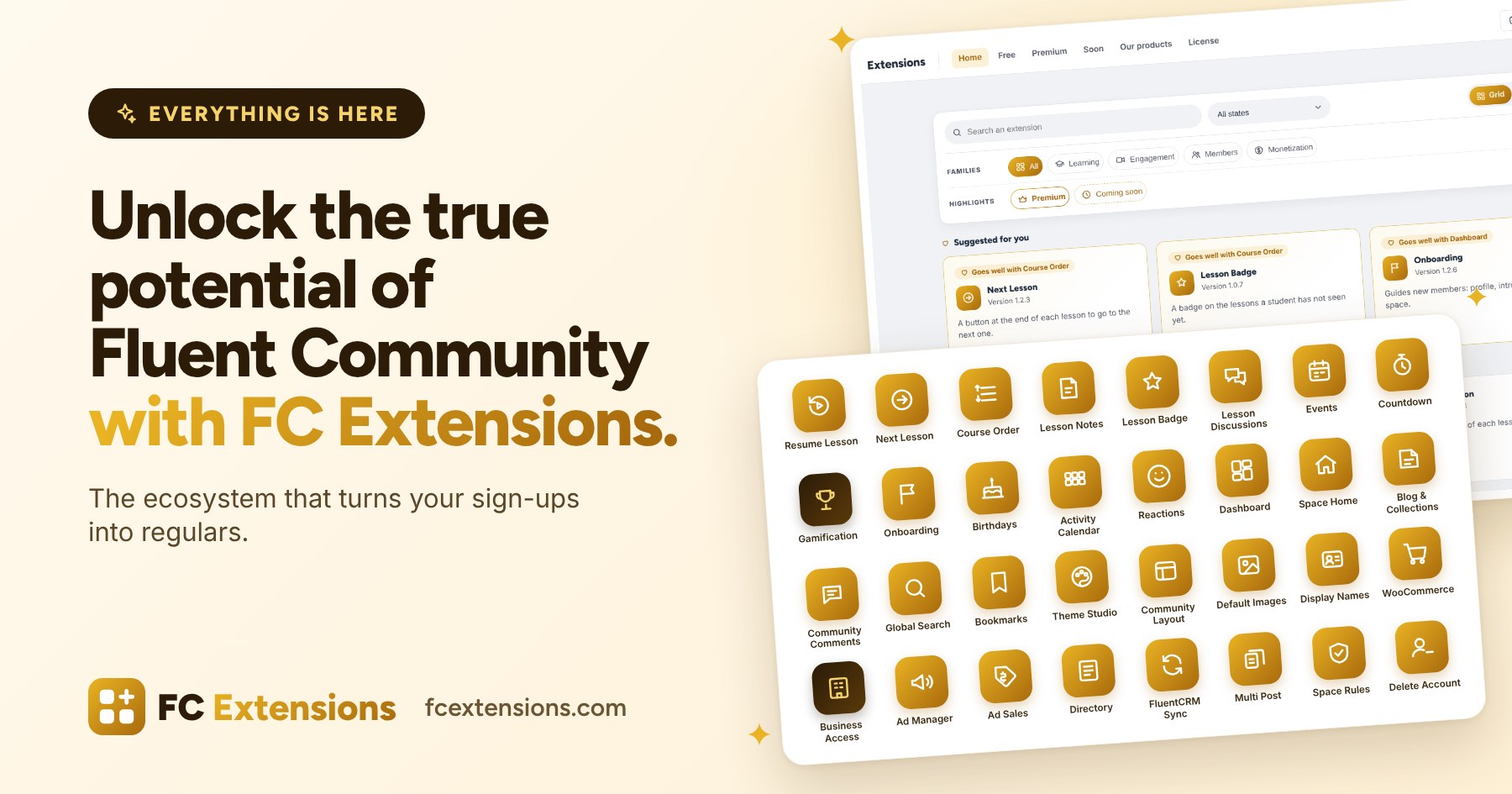 Featured image: “Unlock the true potential of Fluent Community with FC Extensions”, with the list of extensions and the icons of every available extension.