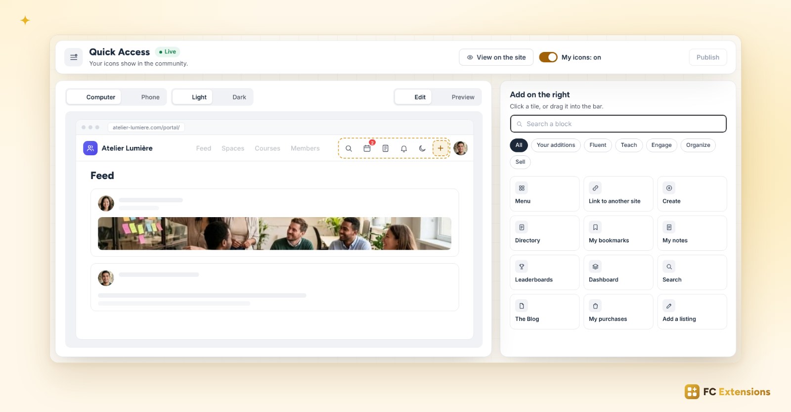 The Quick Access screen: the community preview on a computer, with the shortcut bar, and the action blocks on the right.