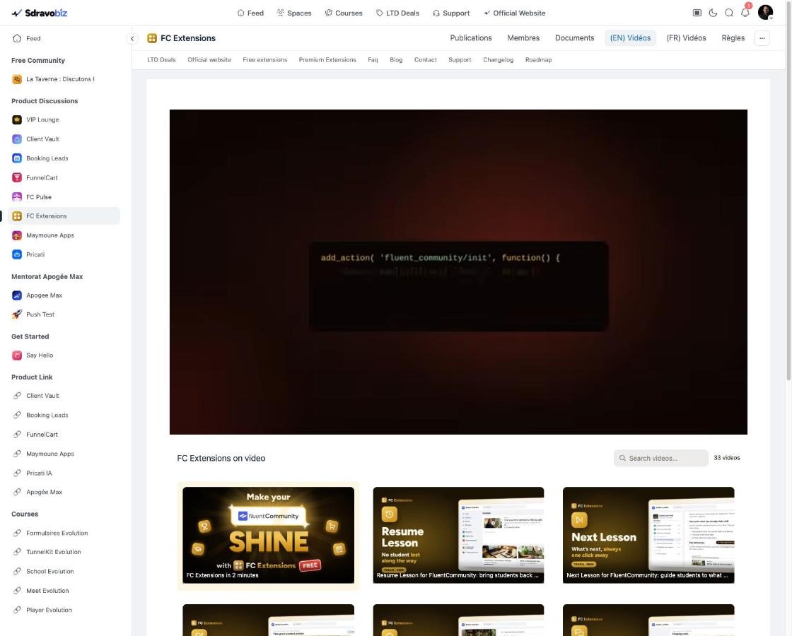 The (EN) Vidéos tab of the FC Extensions space in the Sdravobiz community, with the list of every video.
