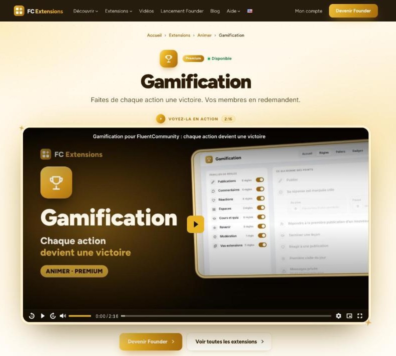 La fiche Gamification sur fcextensions.com, avec sa vidéo en haut de page, sous le nom de l’extension.