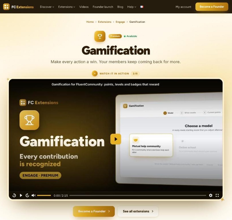 The Gamification page on fcextensions.com, with its video at the top, right under the name of the extension.