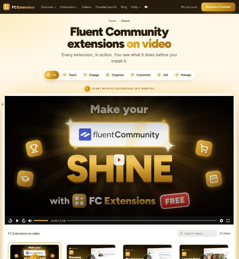 The Videos page on fcextensions.com: the title “Fluent Community extensions on video”, the family tabs and the FC Extensions in 2 minutes video.
