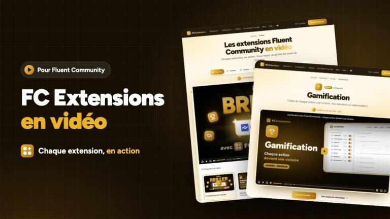 Image à la une : « FC Extensions en vidéo, chaque extension en action », avec la page Vidéos de fcextensions.com et la fiche Gamification et sa vidéo.